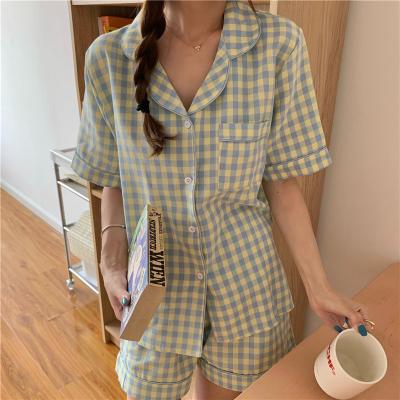 China New Type Women's New Type Women's Breathable Korean Material Plaid Silk Short Sleeve Shorts Two-piece Sleepwear for sale