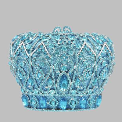 China Women Crystal Clutch Evening Purse Turquoise Blue Metal Crown and Mini Handbag Minaudiere Wedding Party Bridal Bag for sale