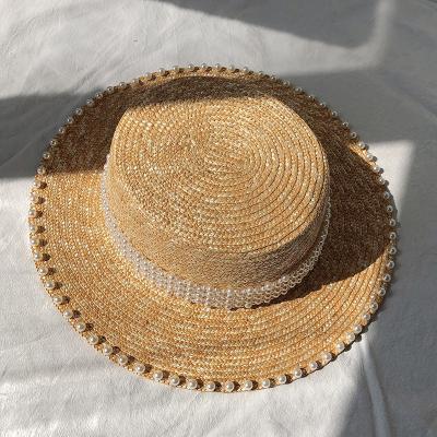 China Summer Sun Brim Panama Beach Bucket Hat 2022 Fashion Bead Chain Wide Flat Women Protective Straw Hat Striped For Girl for sale