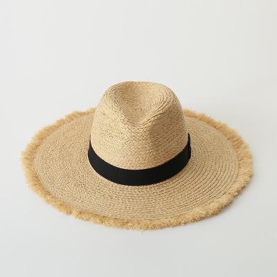 China Outdoor Natural Straw Rattan Leaf Palm Straw Raffia Women Summer Beach UV Protection Hand Made Striped Sun Visor Hat for sale