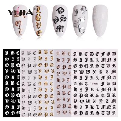 China Nail Art DIY Design 5pcs/set Alphabet Nail Sticker 2020 Hot Retro Laser English Letters Sticker For Nail Art Decoration for sale