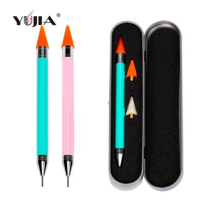 China YUJIA NAIL Two Way Use Nail Wax Pen Art Dotting Painting Tool Rhinestone Picker Brush Nail Art Painting Pen for sale