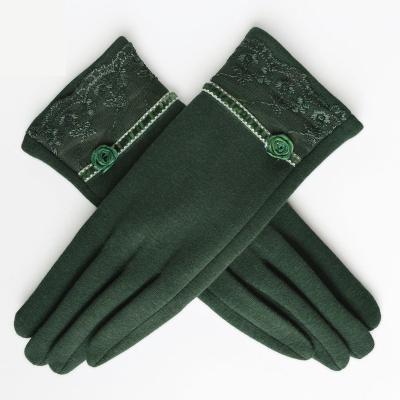 China Simple Winter Women Woolen Cashmere CLIMATE Thick Ladies Gloves Lace Up Embroidered Mittens Gray And Green Elegant Soft Woolen Gloves for sale