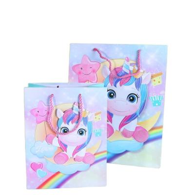 China Hot Selling Cute Handmade Maker 3D Unicorn Children Clothing Baby Shower Gift Bags Glitter Toy Shop Shopping Paper Bags for sale