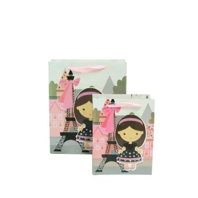 China Top Selling Recyclable Glitter Printed Paper Bag Cartoon Girl Decoration Kids Party Gift Bag Ribbon Paper Bag for sale