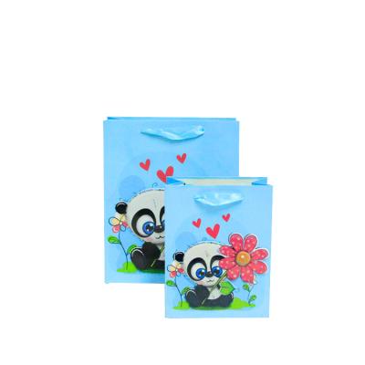 China Custom Baby Paper Bag Printing KAIBO Panda 3D Cute Decals Decoration Recyclable Blue Eco Friendly Shopping Cardboard for sale