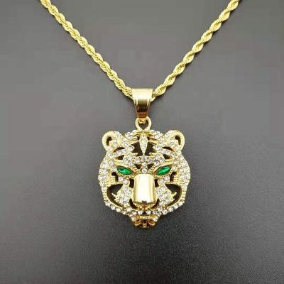 China Diamond Zircon Tiger Animal Stainless Steel Punk Shiny Retro Vintage Jewelry Fashion Hiphop Pendant For Men for sale