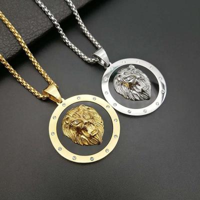 China Diamond Zircon Lion Band Stainless Steel Punk Retro Shiny Steel Vintage Jewelry Fashion Hiphop Pendant For Men for sale