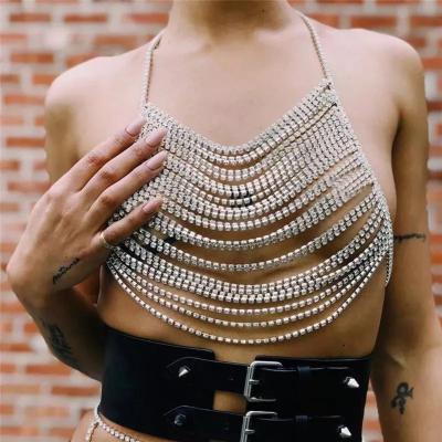 China Sexy Women Clubwear Jewelry Body Waist Chain Crystal Diamond Chain Top Metal Mesh Halter Strap Romantic Shiny Metallic Crop Party for sale