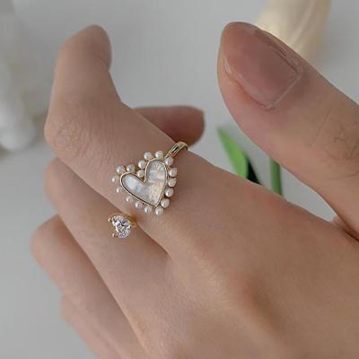 China Fashion Trendy Elegant Zircon New Design Women Heart Shape Pearlescent Gold Plated Copper Open Ring for sale