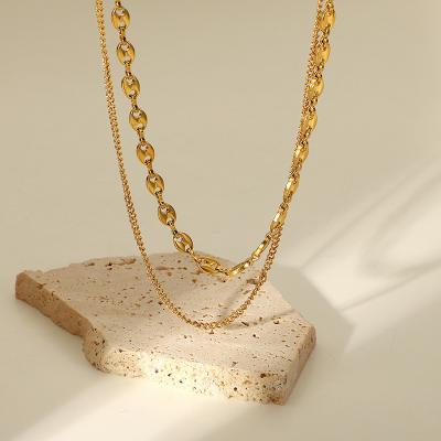 China New TRENDY Simple Double Layer Chain Link Chocker Women Jewelry 18K Gold Plated Stainless Steel Necklace for sale