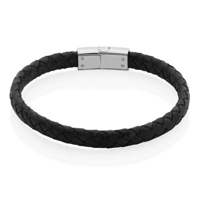 China Custom Black Ultra Wide Leather Men's Woven Leather Bracelet Lead Free Nickel Free Stainless Steel Rope Bracelet for sale