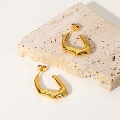 China TRENDY Simple Irregular C Shape Thick Chunky 18K Gold Plated Stainless Steel Women Jewelry Circle Earring for sale