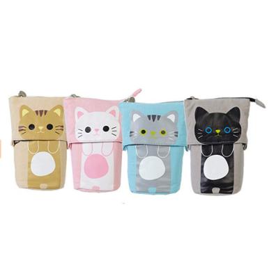 China Cute Stationery Pen Case Box Cat Telescopic Pencil Pouch Bag Shop Holder Washable Canvas Cartoon Pencil Holder With Zipper for sale