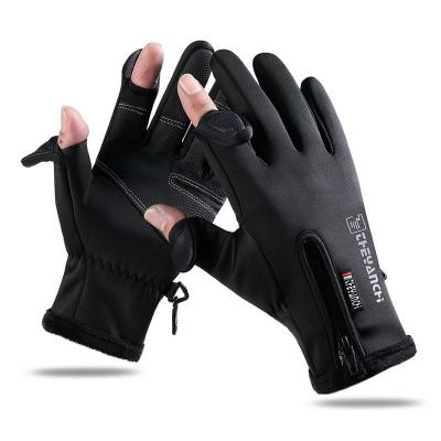 China Autumn and winter two-finger fleece two-finger sports touch screen thick warmer thick velvet fishing waterproof riding gloves men and women for sale