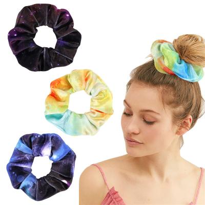 China 2021 Wholesale Trendy Hair Scrunchies Tie Dye Hair Band Velvet Satin Rainbow Hair Tie for sale