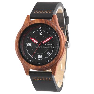 China New Arrival Hot Selling Day/Date Wood Watch With Simple Leather Strap Quartz Watch for sale