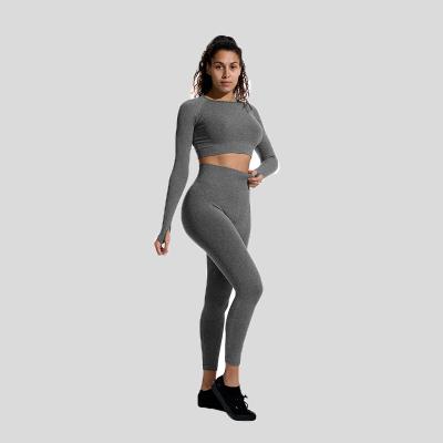 China Absorption Butt Lift Activewear Breathable Sweat Leggings And High Elastic Knitted Sports Tops Women Yoga Wear Sets AM958 for sale