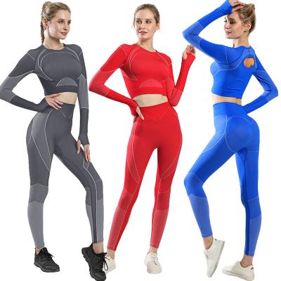 China Breathable Knitted Sheath Long Two Piece High Waist Yoga Tops Hip Lift Yoga Pants Gym Set For Women BK018 for sale