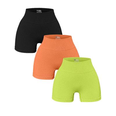 China Women's Breathable 3 Piece Yoga Shorts Ribbed Workout Seamless Leggings High Waisted Sporty Yoga Shorts for sale