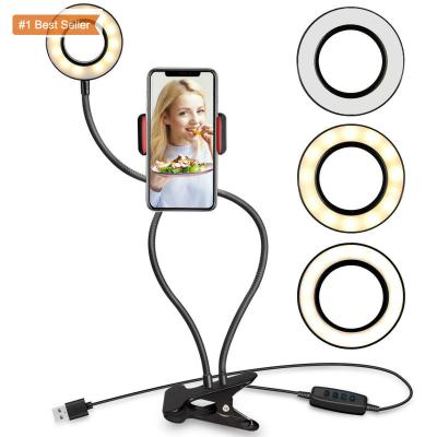 China Smartphone Selfie 2 in 1 LED Selfie Ring Light Live Stream Adjustable Clip Desk LED Fill Light Mobile Phone Stand Makeup Lamp for sale