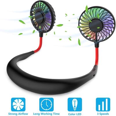 China Necklace Hand Free Portable Neck Fan Rechargeable Hanging Personal Neck Fan Portable Neck Fan with Colorful Led Light for sale