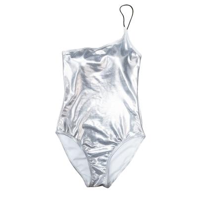 China Women Breathable Shiny Metallic Silver High Leg One Shoulder One Piece Sporty Swimwear for sale