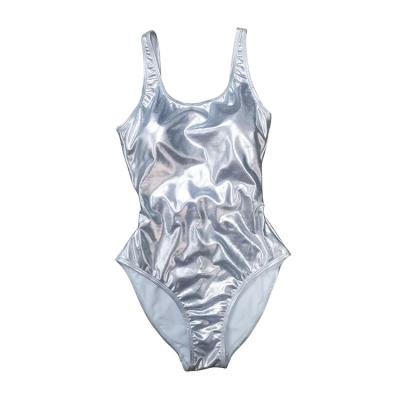 China Breathable Shiny Metallic Silver High Leg Hollow Out One Piece Sporty Swimwear for sale