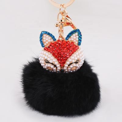 China Hot Selling Cute Fox Pom Pom Keychain Fashion Rabbit Rhinestone Ball Fasion 8CM Multicolor Fluffy Fur Ball For Girls for sale