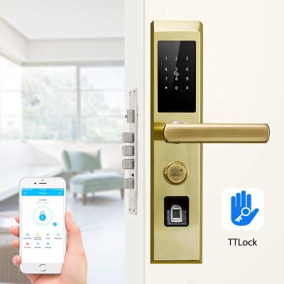 China Double Sided Door Fingerprint Card Digital Lock Hotel Digital Door Lock Five Star Gold Zinc Alloy Color Handle Lock for sale