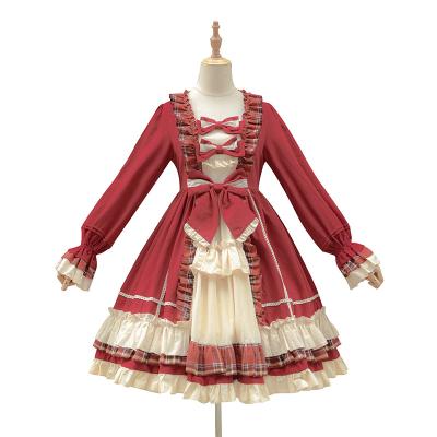 China Japanese Wholesale Christmas Long Sleeve Bow Wine Red Cotton Autumn And Winter Polyester Lolita Daily Dress For Young Women OP for sale