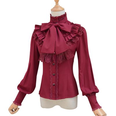 China White Blue Black Red Vintage Lolita Chiffon Shirt Blouse For Women Long Sleeve Stand Collar Belt Breathable Lace Elegant Feminine Gothic Girl for sale