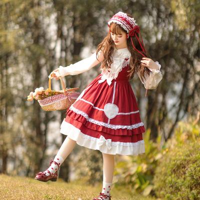 China Lovely Sweet Wine Red and Black Cotton Lolita Daily Dress Girls Polyester Spaghetti Strap JSK Cospaly Dress Adult for sale