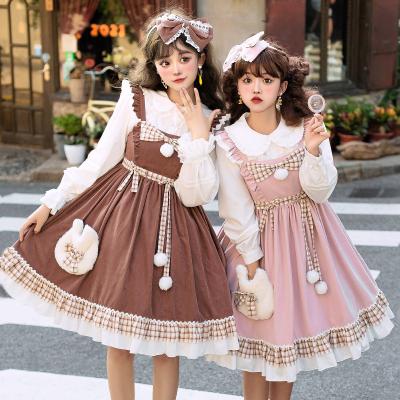 China Adult Autumn And Winter Velvet Pink Brown Polyester Thick Soft Spaghetti Strap JSK Lolita Dress For Girls for sale