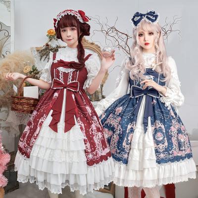 China Elegant Polyester Adult Blue And Wine Red Printed Yard Sweet Lolita Jsk Dress For Women for sale