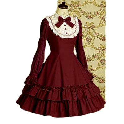 China Vintage Classic Vintage Sweet Lolita Dress Women's Gothic Dress Wine Red Cotton Fashion and Black Cotton Bow With Ruffles for sale