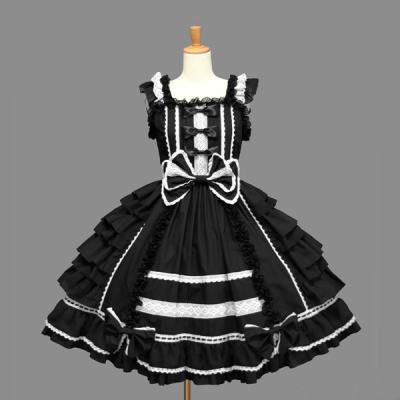 China Washable Classic Cute Women Cotton Short Sleeves Black Bow Ruffled Lolita Dress Sweet JSK Lolita Cosplay Costume For Girls S-XXL for sale