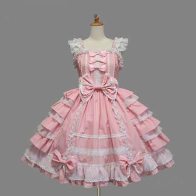 China Cute Cotton Classic Women Pink Short Sleeves Bow Ruffled Lolita Dress Sweet JSK Lolita Cosplay Costume For Girls S-XXL for sale