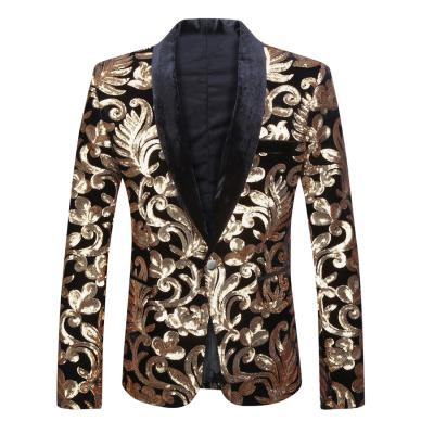 China Fashion Men's Series Velvet Sequins Shawl Lapel Breathable Floral Sequins Royal Gold Printed Suit Singer Slim Velvet Blazer Stage Suit Jacket for sale