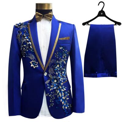 China Fashion Breathable Blue Wedding Groom Tuxedos Suit Men Paillette Embroidered Male Singer Performance Party Prom Blazer Suit 4 Pcs for sale