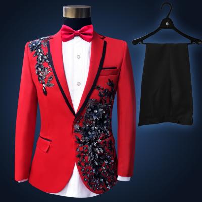 China 2022 Breathable Plus Size Men Suits S-4XL Fashion Red White Sequins Embroidered Male Singer Slim Performance Party Prom Suit Jacket+Pant for sale