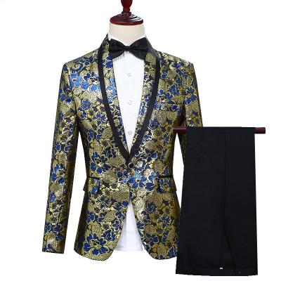 China Breathable Renaissance Court Antique Blue And Gold Patterns Floral Mens Suits Floral Mens Suits Blazer Medieval Noble Wedding Prom Suit Jacket for sale