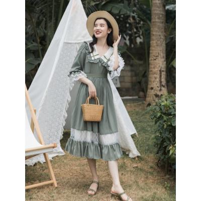 China Cottage Style Green Prairie Dress Vintage Mori Girl Peter Pan Collar Breathable Petal Sleeve Lace Up Retro Lady Vestido Loose Casual Dresses for sale