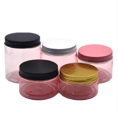 China Transparent Pink PET Cosmetic Plastic Aluminum Lid Jar 100g 120g 150g 200g 250g Empty Cosmetics Creams Hair Wax Packaging Jar Container for sale