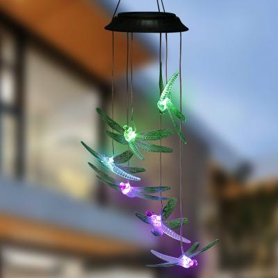 China Contemporary Solar Green Dragonfly Wind Chimes, Color Changing Hanging Patio LED Solar Wind Chime Lamp Waterproof for sale