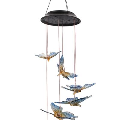 China Contemporary Solar Blue Outdoor Waterproof Changing Lamp Decoration Sympathy Wind Chimes Lightings Butterfly Wind Chimes LED Garden for sale