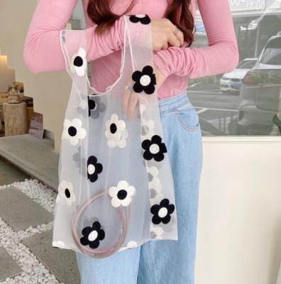 China Wholesale New Summer Eco-friendly Small Mesh Hand Bag Organza Material Cool Mesh Embroidered Flower Bag Fairy Shopping Bag for sale