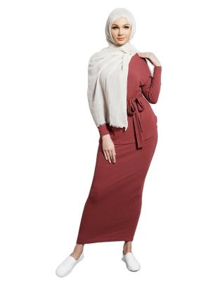 China Polyester Fashion Women Sleeve Long Rib Muslim Dresses Tied Tops Slim Fit High Rise Skirts 2 Piece Suit For Office Ladies for sale