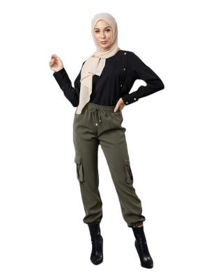 China Anti-Wrinkle Muslim Women Work Casual Pants Autumn Multi Pocket Harem Pants Spring Elastic High Wear Waist Long Trousers for sale