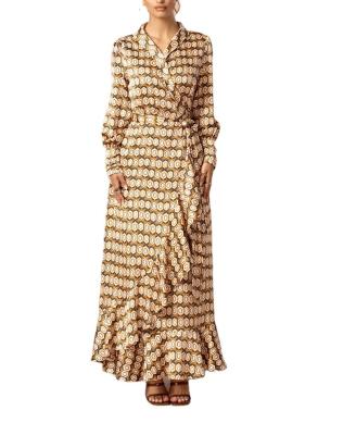 China Muslim Dress Anti-Wrinkle Long Sleeve Breathable Satin Dress Printed Wrap Waist Maxi Dress For Woman for sale